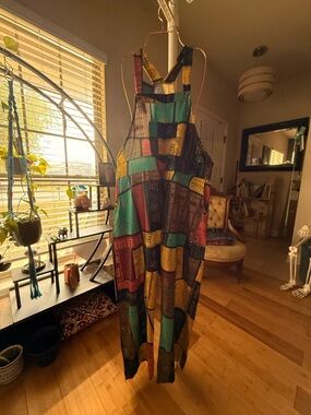Boho Patchwork Overalls | Women’s Large | Om Sanskrit Print | Teal Gold Red